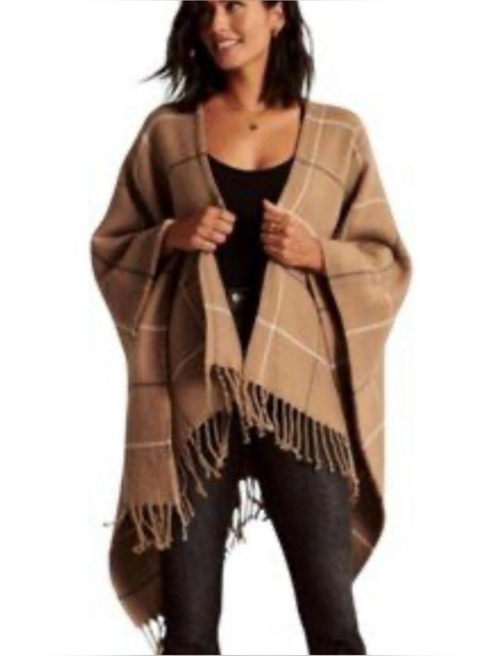 Abercrombie & Fitch Camel Plaid Fringe Open Poncho